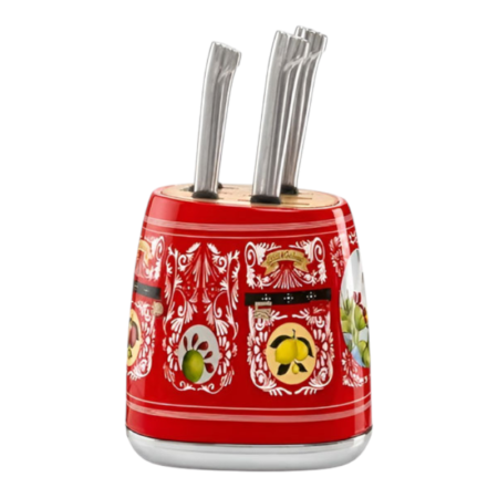 SMEG סט מעמד סכינים, 6 חלקים, בסגנון רטרו Red Floral Patterns