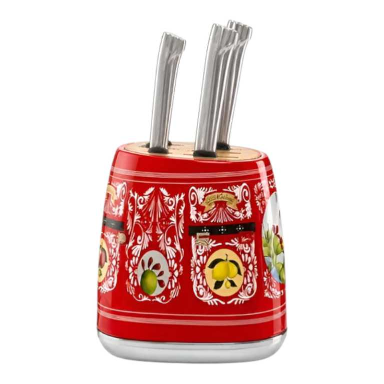 SMEG סט מעמד סכינים, 6 חלקים, בסגנון רטרו Red Floral Patterns